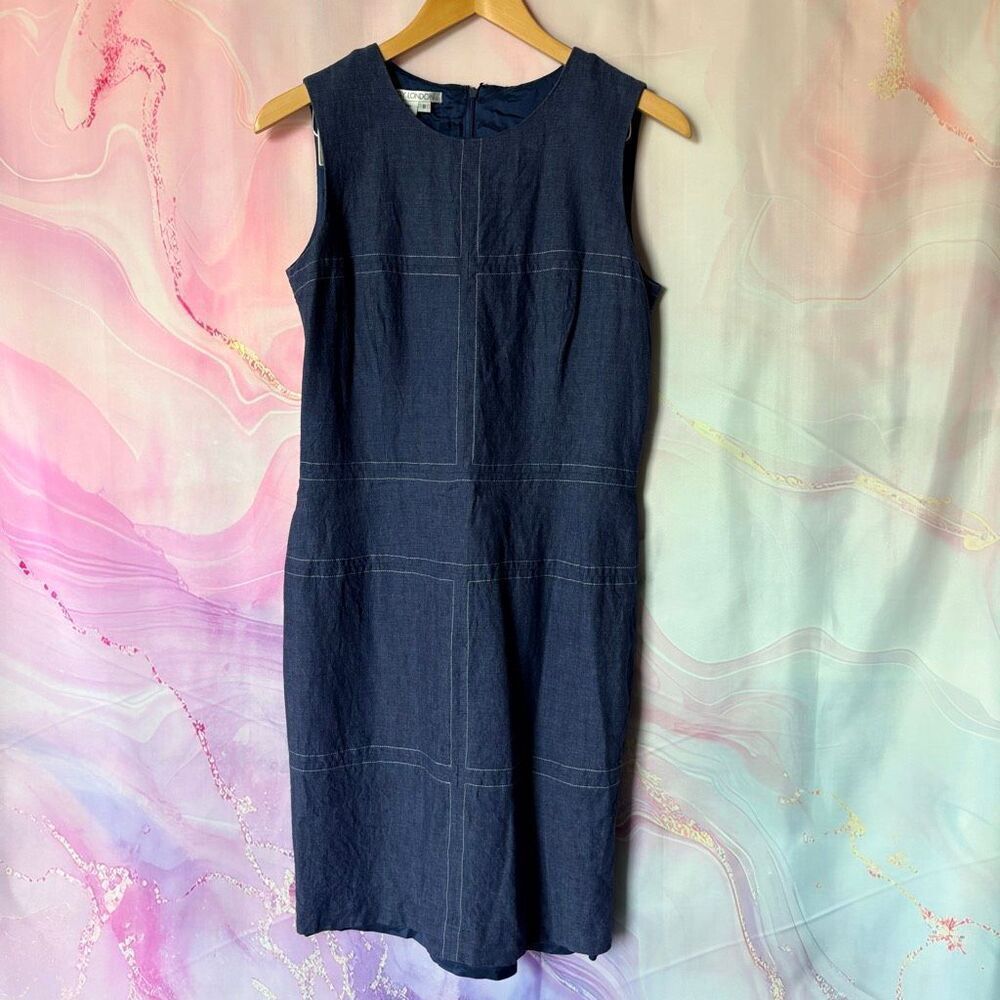 Maggy London 8 Linen Navy Blue Fitted Dress Boardwalk Preppy Professional Classy